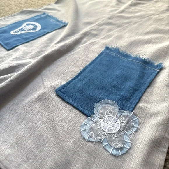 Organic Linen Cotton Romper Boho Handmade Floral Patch Lace Loose Fit S/M NWT - Picture 11 of 11